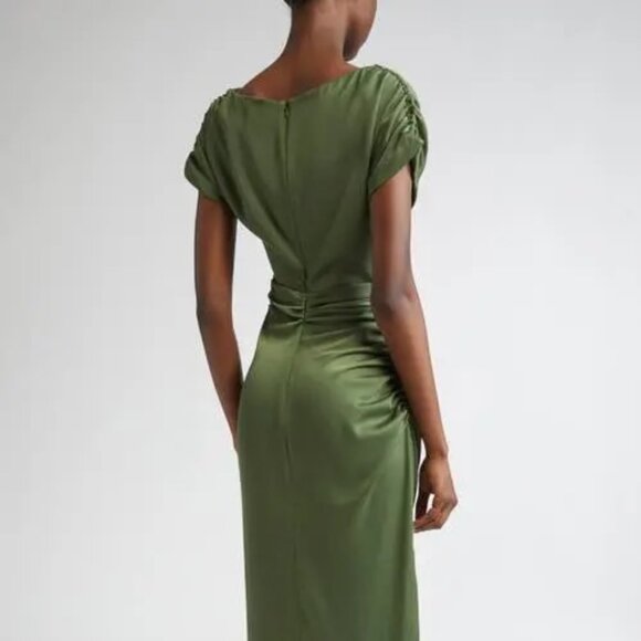 Lela Rose Heather Crepe Satin Ruched Dress Gown Forest Green - Picture 9 of 14